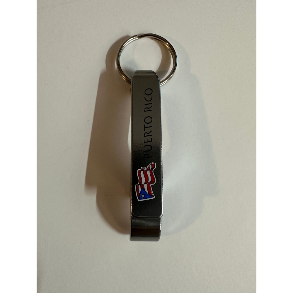 Puerto Rico Flag Bottle Opener Keychain Silver Tone Metal Souvenir Key Ring
